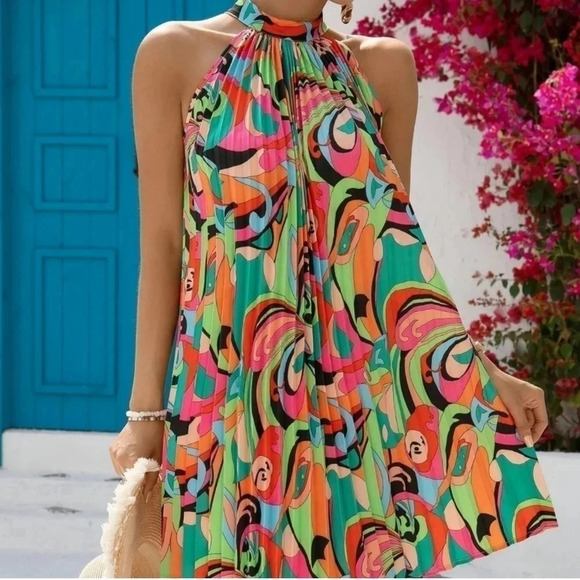 Multicolor Boho Womens Allover Print Tie Back Halter Dress - Picture 2 of 5